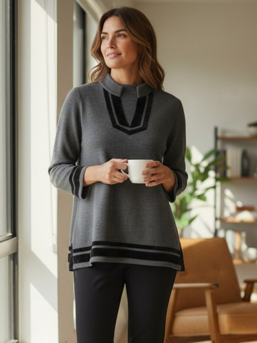 Soft Surroundings Long Sleeve Tunic Blouse Top Shirt Gray